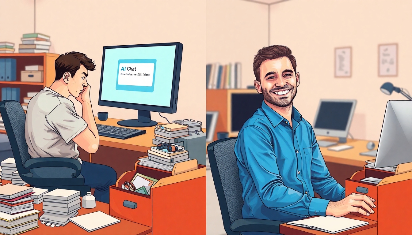 An image with two sides. The style is digital art. The size is a 16:9 ratio. On both sides the person in the attached pictures is working at a computer and the screen is clearly displaying and AI chat application. Application is generic and could be from any vendor. The desk the person is working at is near the front of the image. The left side shows the person looking frustrated. The room in front of the desk is disorganized with files strewn about and file cabinets with open drawers that have random objects sticking out. The person on the left is wearing a wrinkled t-shirt. On the right side, the person is smiling and happy. He is wearing a nicely pressed blue shirt. The work space is neat and orderly.