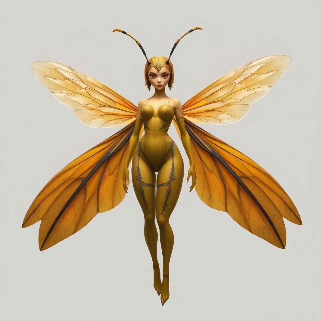 A creature that has Wings and antennae as a bee and half human female body
