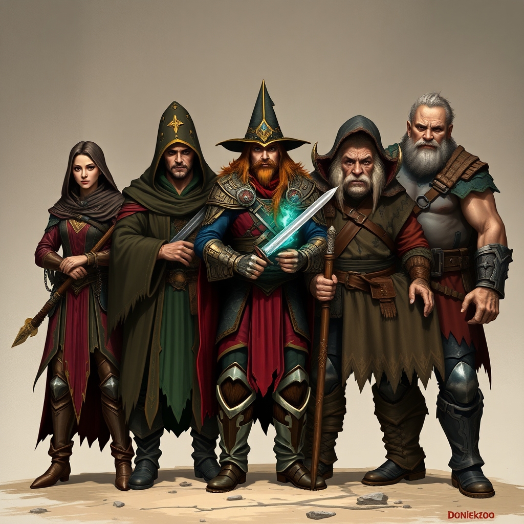 A dungeons and dragons adventuring party consisting of five members: An elven rogue/bard, a half-elf cleric/warlock, a half-elf sorceror/warlock, a dwarven ranger, and a goliath barbarian/paladin.