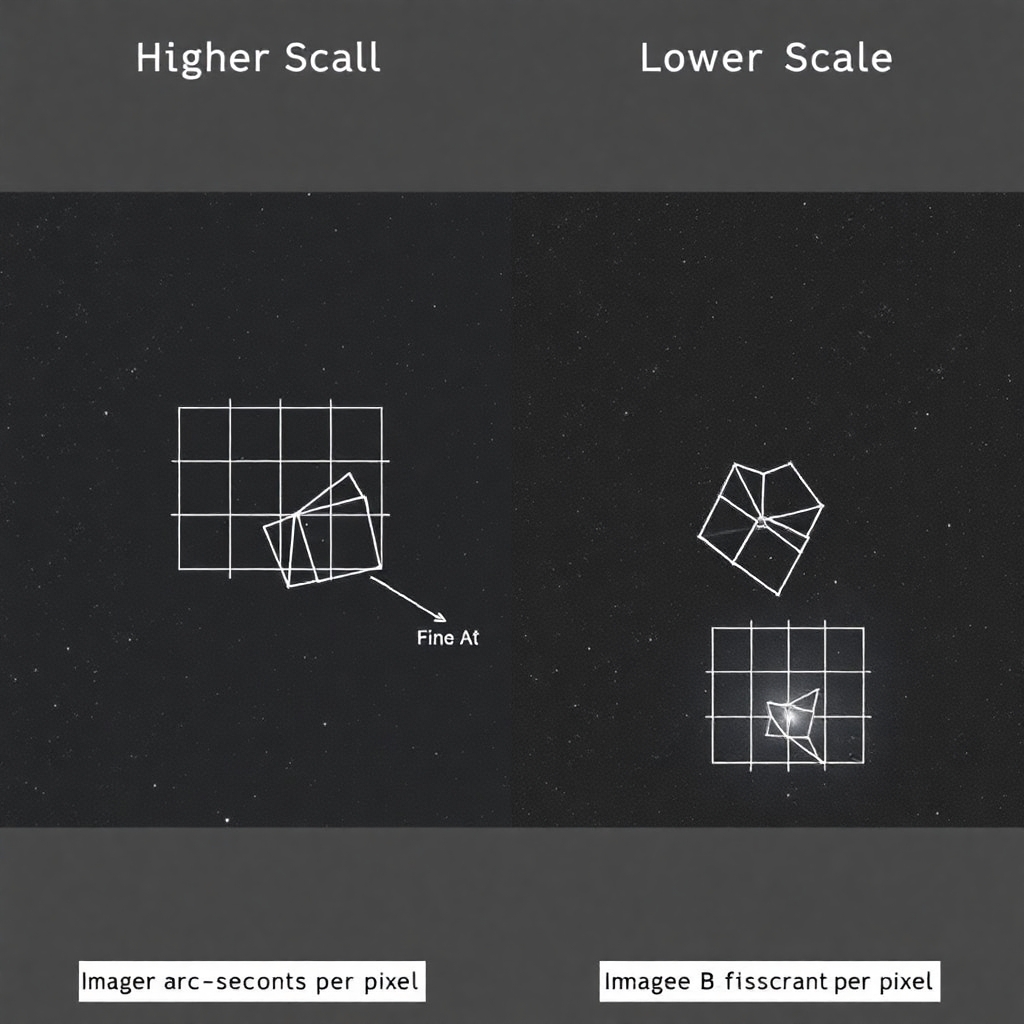 Create a Black and White image that that demonstrates image scale, resolution, and detail as a side-by-side images showing the effect of different image scales:  - **Image A (Higher Scale)**: Show a grid with larger squares (pixels) covering a wider area of the sky. Label it as having a **larger arc-seconds per pixel**.  - **Image B (Lower Scale)**: Show a grid with smaller squares (pixels) covering a smaller area of the sky. Label it as having a **smaller arc-seconds per pixel**.