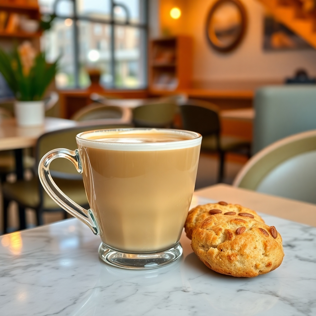 Almond latte with a coffee cup and biscuit, in a morning café with soft lighting