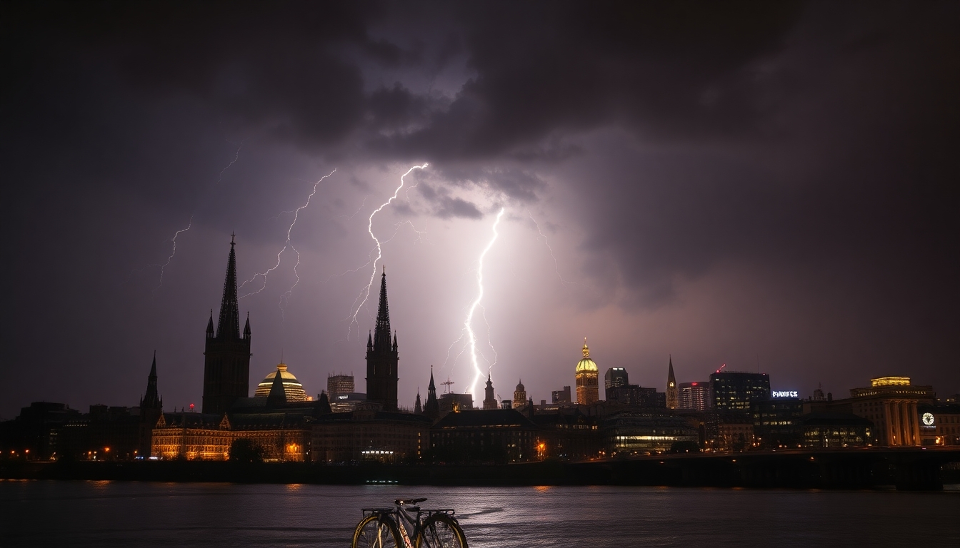 The skyline of cologne with a huge thunderstorm going down.