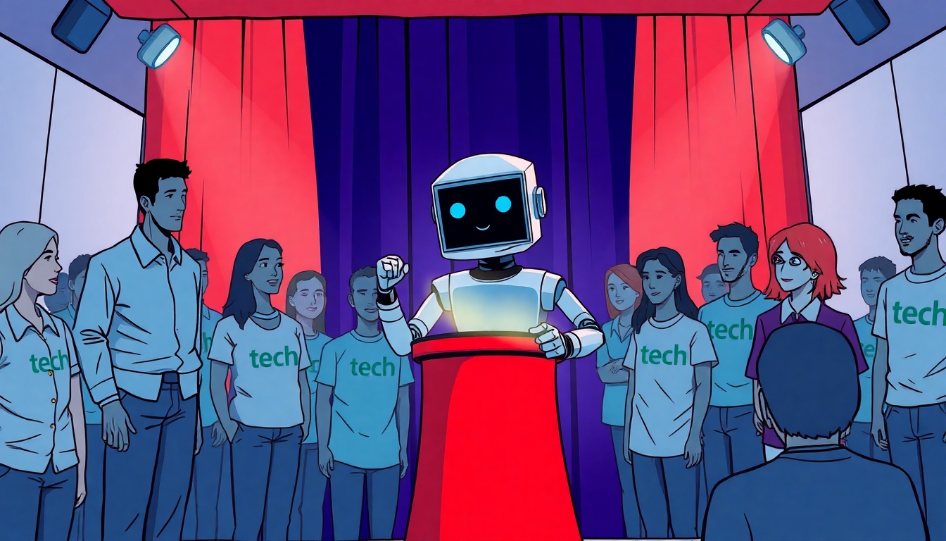 A magician on stage in front of people dressed in business casual or wearing t-shirts with tech company logos. The magician is robot. The robot is pulling a computer screen out of a hat