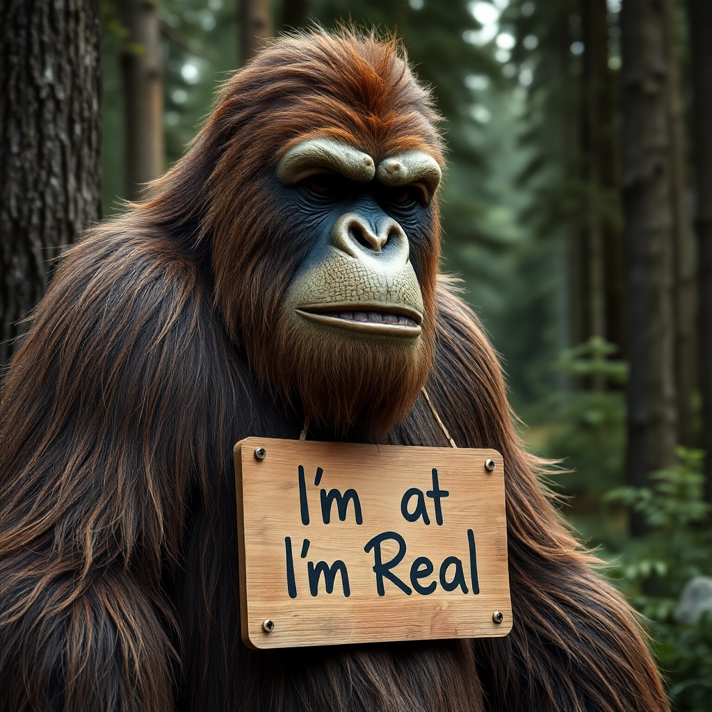 4k, uhd. photograh of a realistic Bigfoot with sign that says, "I'm Real"