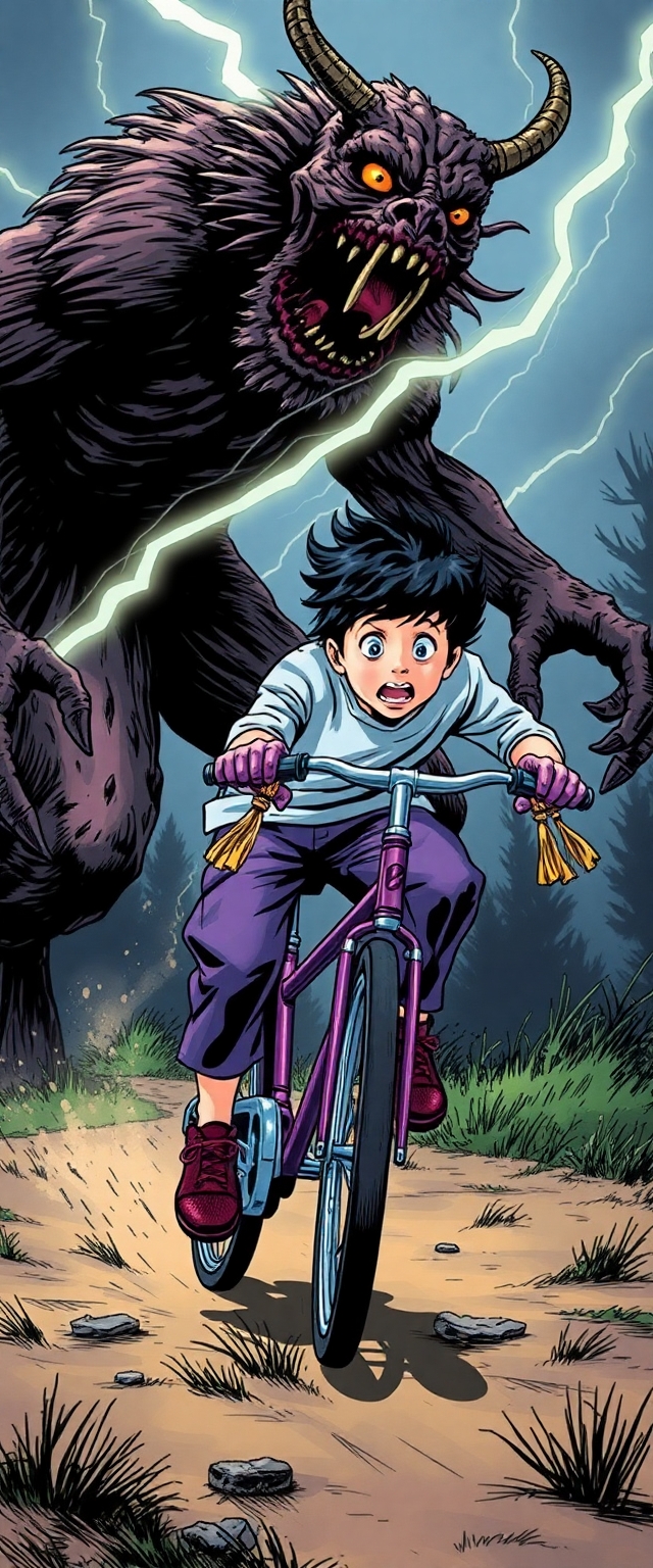 Terrified 12 year old nerd boy racing away from a 12 foot tall wendigo on his purple bicycle with tassels coming from the handles