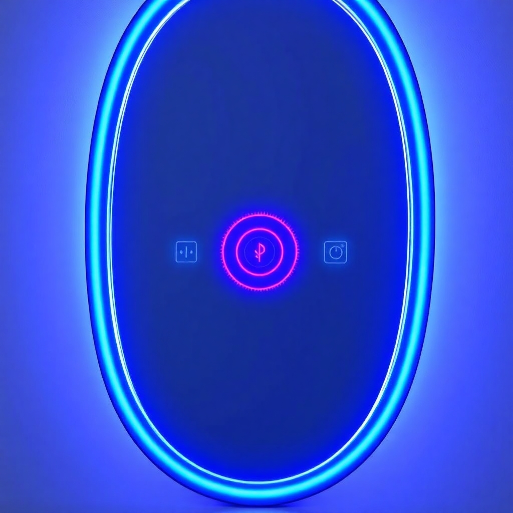 A tall oversized body length oval mirror with a flawless reflective surface, framed in polished black onyx. A wide electric blue LED ring surrounds the mirror near its edge, with a thinner purple ring nested inside. Between the rings, glowing symbols and interface glyphs pulse gently. The background is softly lit, allowing the mirror and its embedded data to shine clearly.