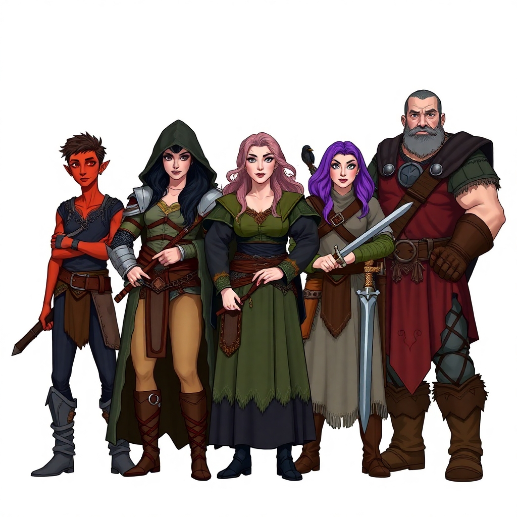 A five member dungeons and dragons adventuring party consisting of: A red-skinned thin male elven bard, an adrogynous female half-elf cleric/warlock wearing chainmail with a shadow raven familiar,  a curvy female half-elf warlock with purple hair wearing robes, a short and wide male dwarven ranger, and a very tall male half-giant barbarian/paladin.