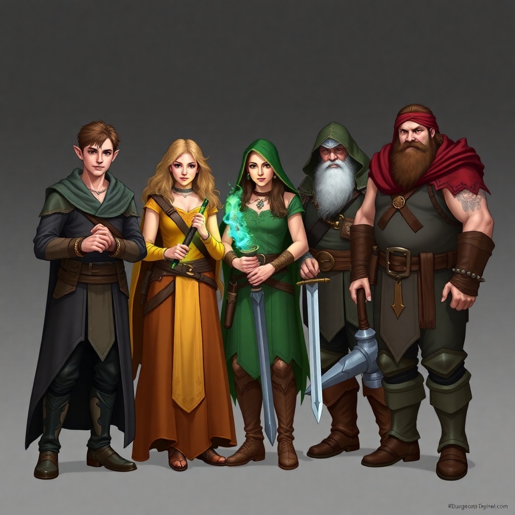 A five-member dungeons and dragons adventuring party consisting of: An male elven rogue/bard, a female half-elf cleric/warlock, a female half-elf sorceror/warlock, a male dwarven ranger, and a male half-giant barbarian/paladin.