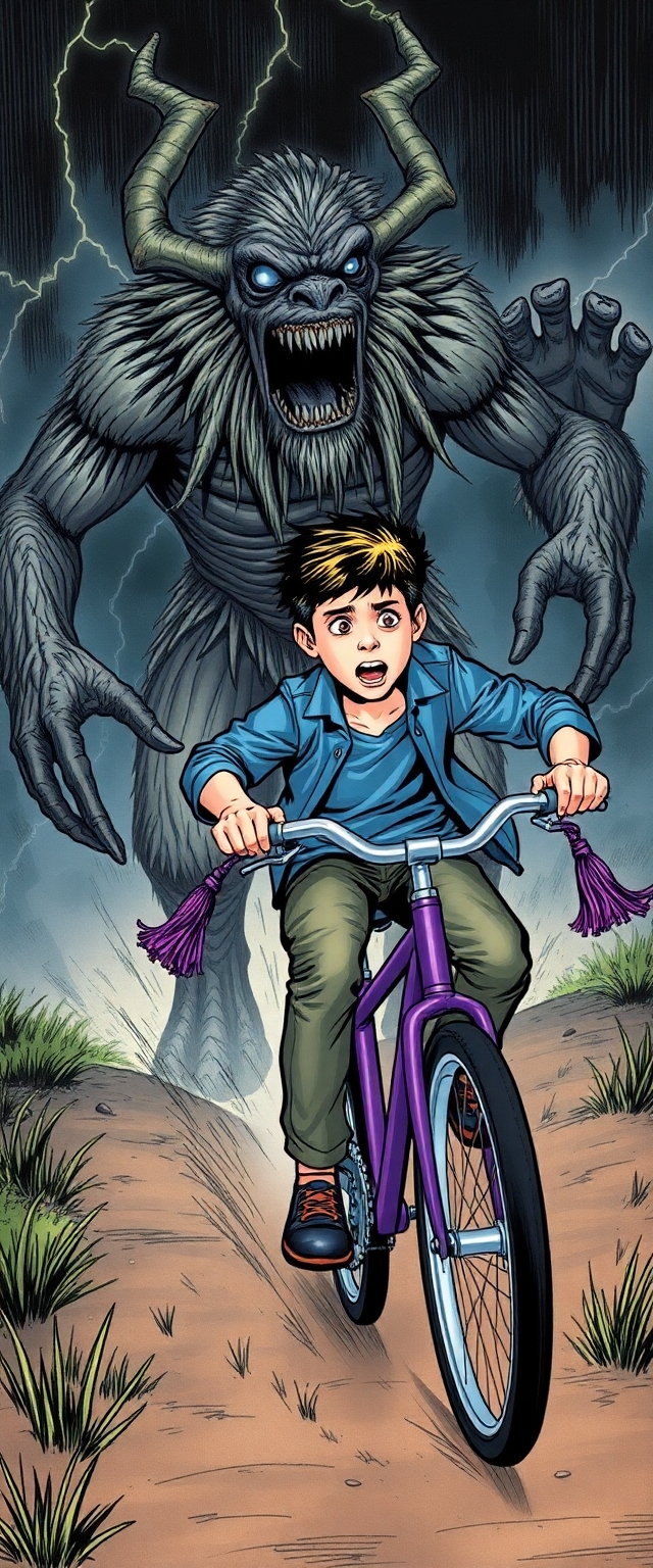 Terrified 12 year old nerd boy racing away from a 12 foot tall wendigo on his purple bicycle with tassels coming from the handles