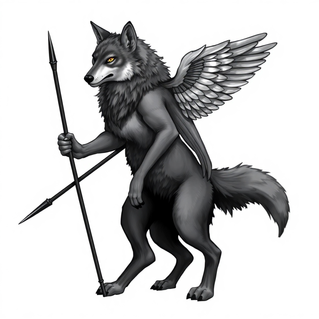 A wolf, obviously female, standing on its hind legs, like a woman, impressions of human breasts beneath its fur on her chest, it has hands and muscular arms instead of front paws, it holds a spear in one hand. On its back it has feathered wings spread, ready to fly. It's face appears intelligent