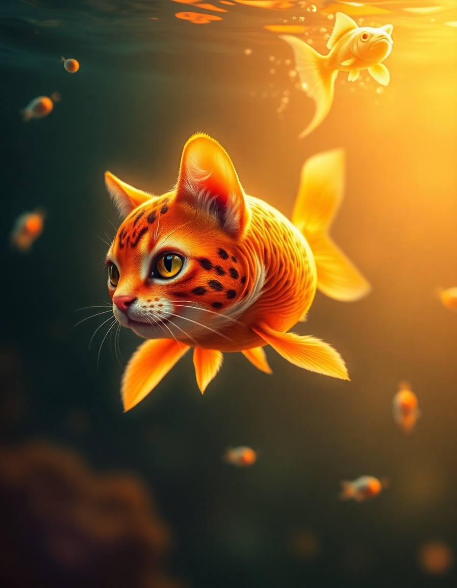 create an image of a goldfish that has the head of a cat swimming underwater