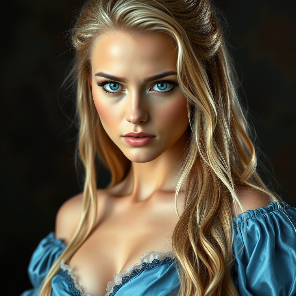 captivating realistic blue eyes, beautiful voluptuous woman, 25 years old, long BLONDE WET hair to waist,  translucent 18th century blue silk gown off shoulders, deep v neckline, breathtaking, exquisite composition and lighting, no signature, no text
