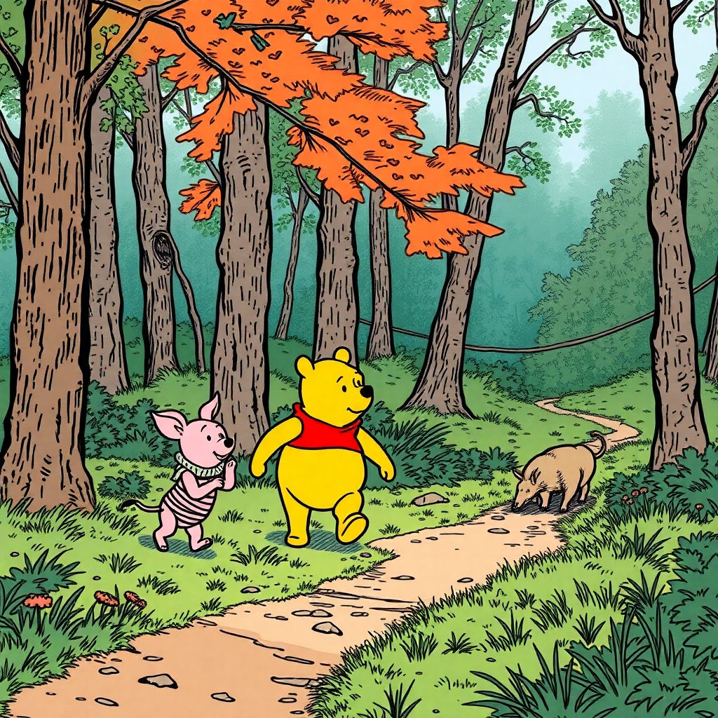 Winnie the Pooh walking with Piglet in the woods in the style of E. H. Shepard