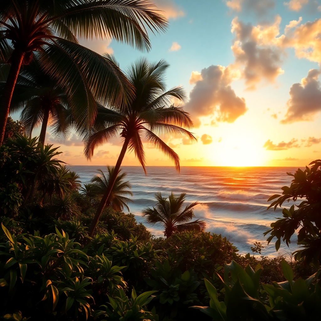 tropical setting with a beautiful sunset luscious green trees and vegetation overlooking an violent ocean
