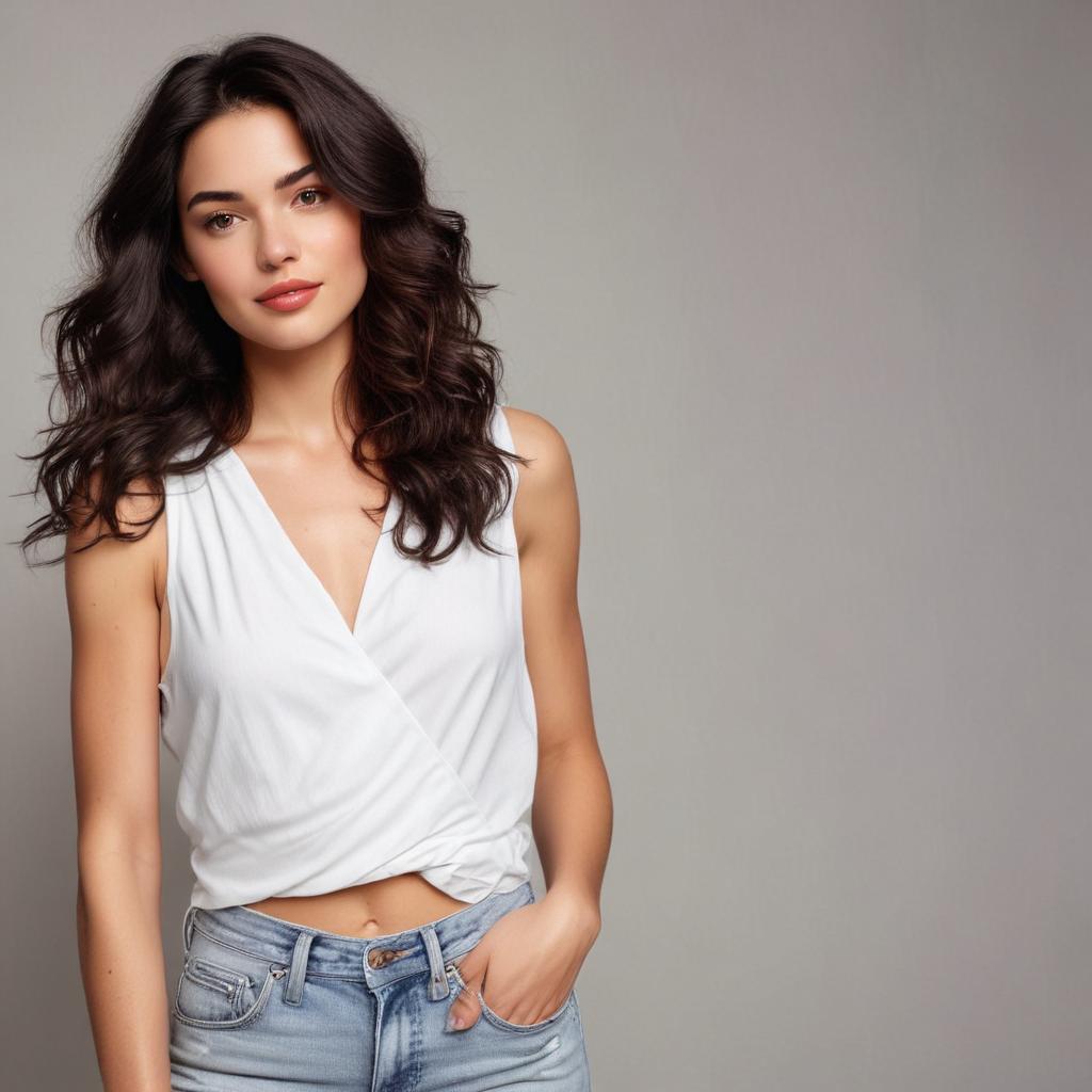 Create an image of a woman with long, dark, wavy hair, standing in a confident pose with one hand on her hip and her body slightly turned to the side. She has a striking face with almond-shaped, deep brown eyes, well-defined eyebrows, high cheekbones, and full lips with a natural, subtle smile. She is wearing a stylish, sleeveless white dress with a high slit on one side, revealing her toned leg clearly through the slit, and the dress features a delicate lace pattern with a tied detail at the chest. The background includes lush green plants and a modern outdoor setting, with soft natural lighting. Emphasize a natural, elegant look with a focus on her detailed facial features, the visibility of her leg through the dress slit, and the overall pose.