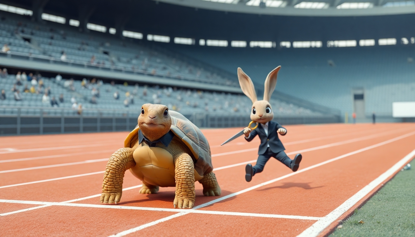 A Tortoise is calmly crossing the finish line of track race. The Tortoise has a thin beard, is wearing glasses, and is dressed in a polo shirt. Behind the Tortoise is a Rabbit. The Rabbit looks frightened. The rabbit is carrying scissors. The rabbit is falling. The rabbit is wearing a suit. The stands around the track are occupied with humaniform robots.