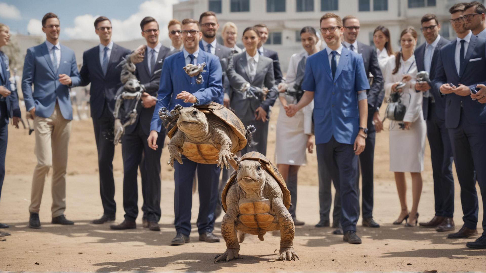 A tortoise with a thin, partially grey  beard is wearing a blue polo shirt and glasses. He is standing on two legs and bolting a jetpack on to a robotic rabbit while an group of people in suits watch.