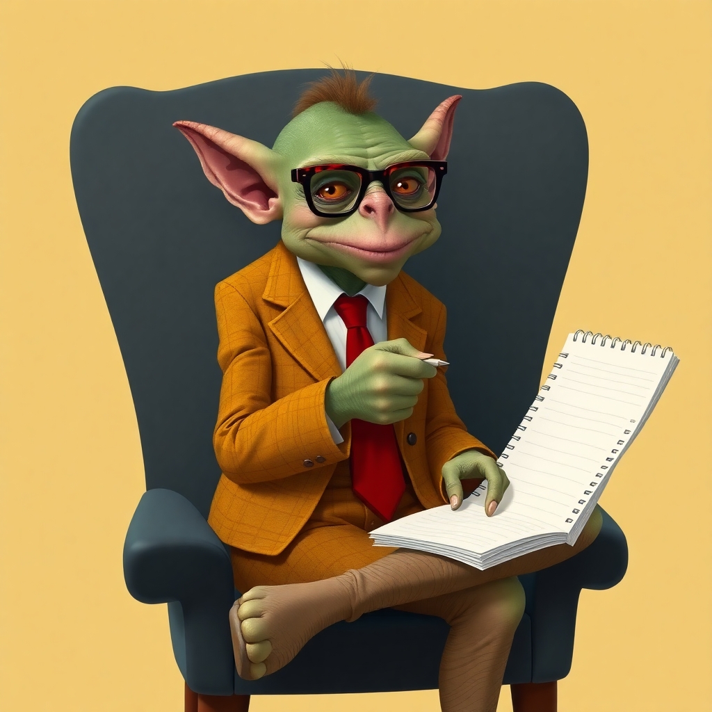 An ugly, warty goblin wearing a dapper mustard-coloured tweed suit, red tie and tortoiseshell glasses sitting on a chair with one leg crossed over the other, taking notes on a spiral notepad