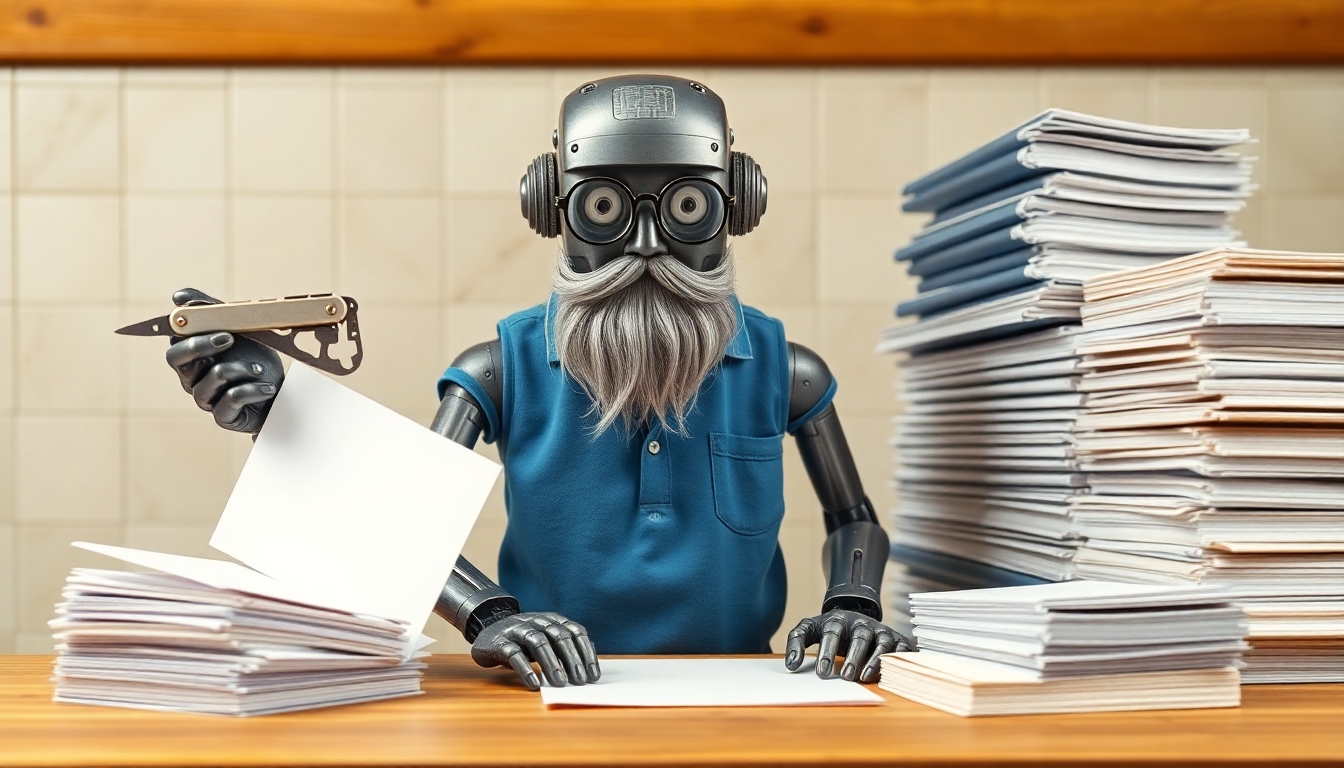 A metal robot with a very thin, partly grey beard and eyeglasses, wearing a blue polo shirt, stands facing forward at a cook's chopping table. On the robot's right is a taller pile of bound notebooks, and on the left is a smaller, neatly stacked pile of paper. The robot holds a multi-function tool, similar to a Swiss Army knife or Leatherman multi-tool, in its left hand and a binder from the notebook pile in its right hand. The robot's hands are blurred, indicating rapid movement as it swiftly reduces the binders into simple paper.