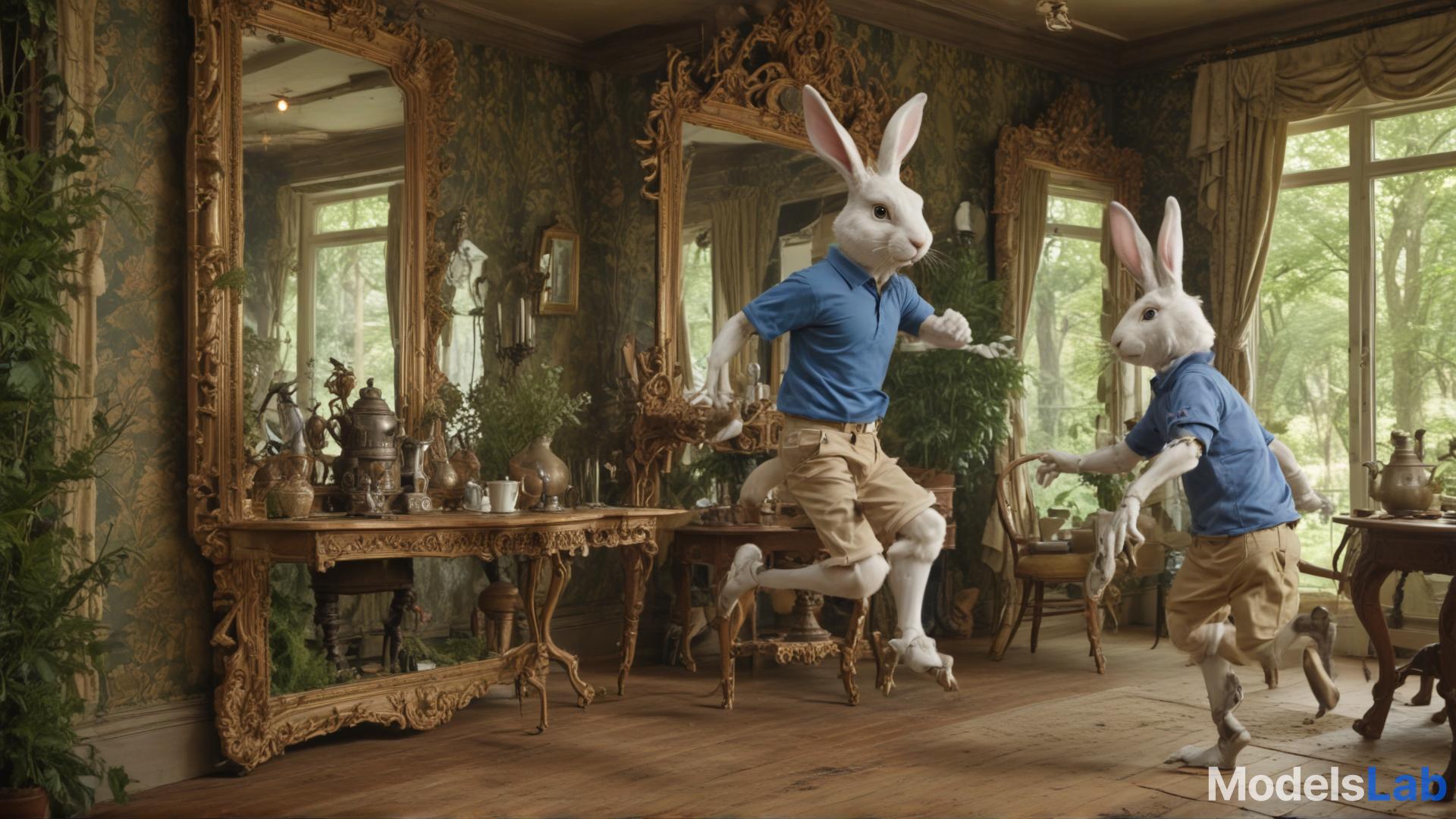 A man wearing a blue polo shirt and khaki shorts is running after a steam-punk style robotic rabbit. The rabbit is leaping through an ornate, vintage full-length mirror. On the other side of the mirror, the scene transforms into a whimsical forest clearing. In the clearing, there is a table set for tea with an oversized teapot and a large, extravagant top hat placed beside it. The atmosphere is vibrant, with dappled sunlight filtering through the trees, evoking a surreal, storybook feel. The mirror acts as a magical portal between the ordinary room and the fantastical tea party in the forest.