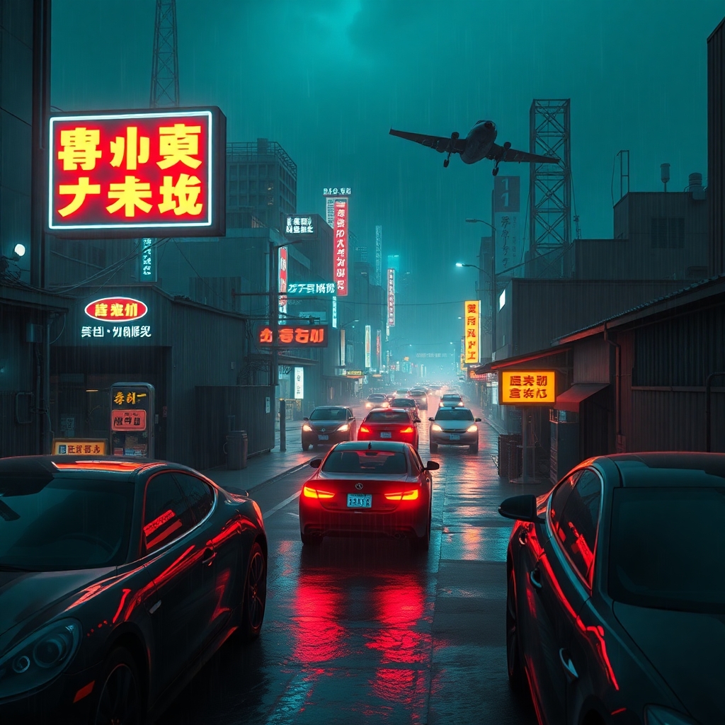 A neon-lit cyberpunk with flying cars, rainy night, glowing signs in Japanese, viewed from a rooftop, blade runner style, high details, photorealistic