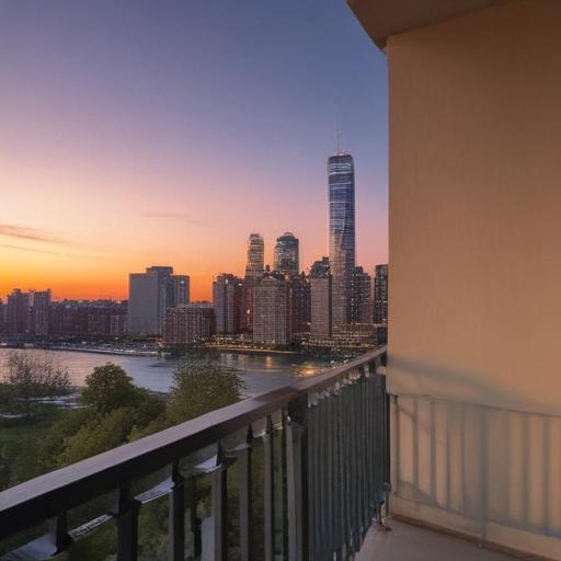 A picture of a man overlooking the Manhattan skyline from his balcony in Edgewater, NJ at dusk with the skyscrapers clearly visible