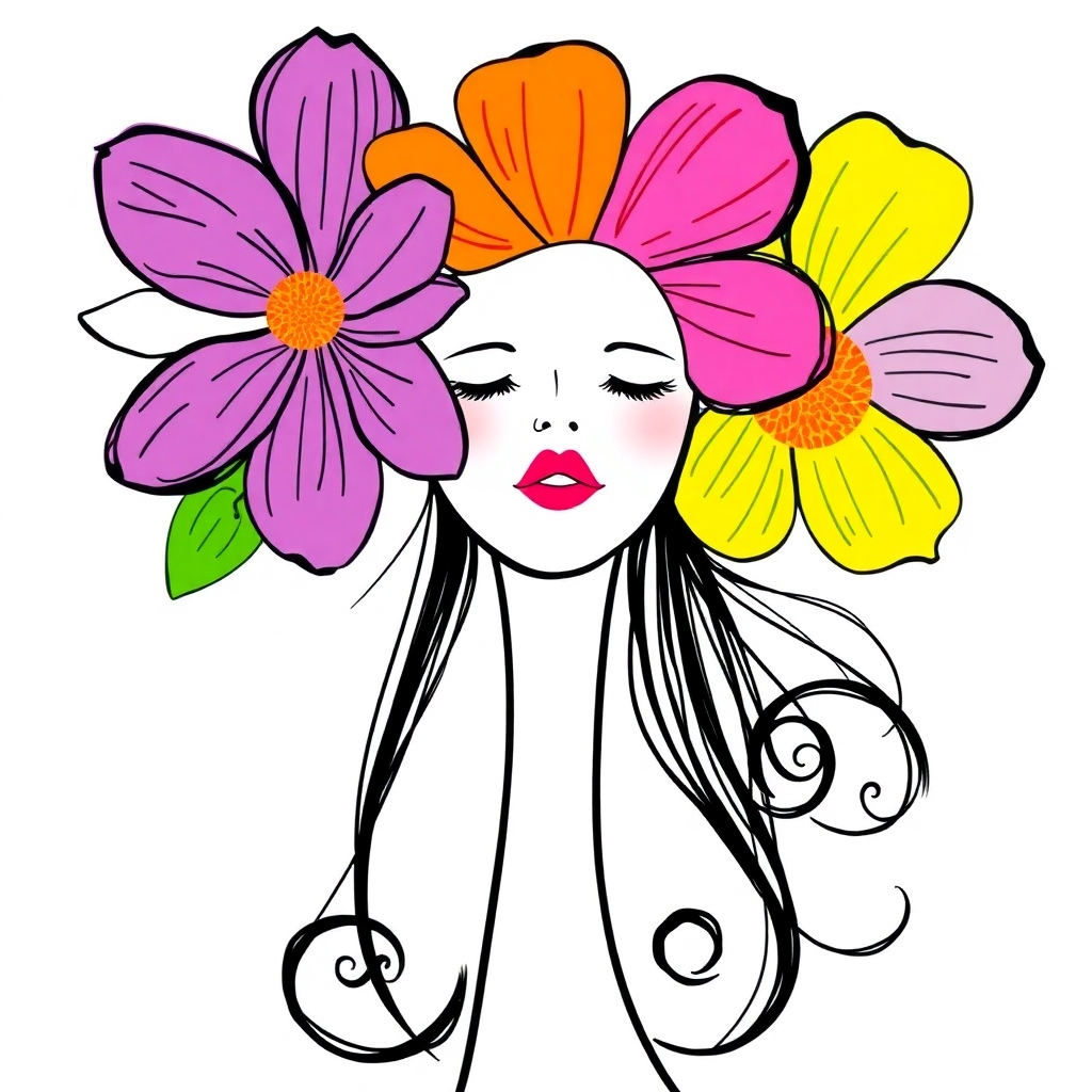 A whimsical and colorful digital illustration of a faceless woman with large, abstract flowers as her hair. The flowers are in bright, vivid colors like fuchsia, lavender, lime green, sky blue, and lemon yellow, with bold black sketch outlines and textured orange centers. The woman’s face is white with only pink lips showing, and her long, slender neck extends downward with elegant black swirls. The style is modern, sketchy, and artistic — blending fashion illustration with floral fantasy on a clean white background.