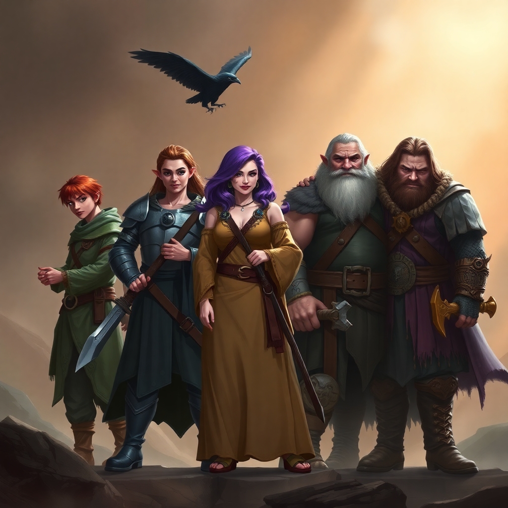 A five member dungeons and dragons adventuring party consisting of: A red-skinned thin male elven bard, an adrogynous female half-elf cleric/warlock wearing chainmail with a shadow raven familiar,  a curvy female half-elf warlock with purple hair wearing robes, a short but wide male dwarven ranger, and a very tall male half-giant barbarian/paladin.