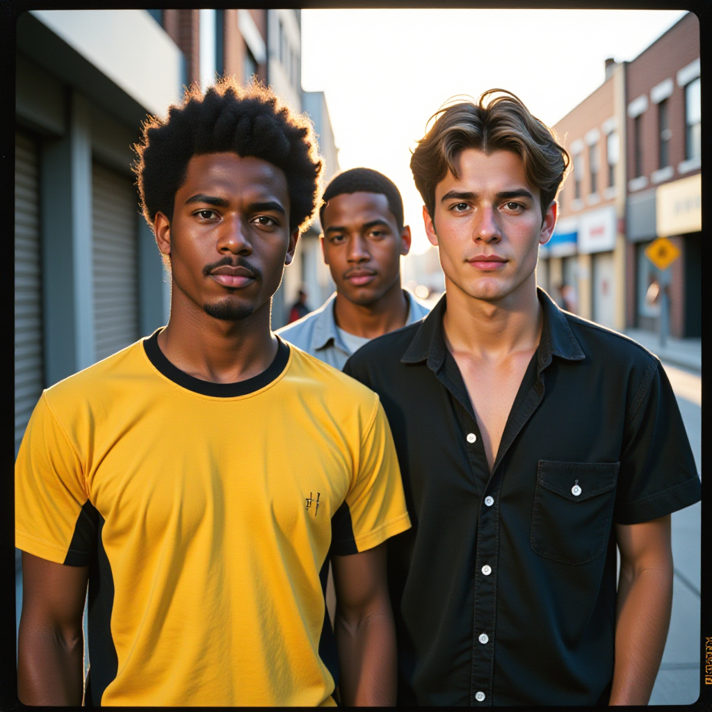((Fine art photography:1.8)), ((cinematic film:1.8)), (((grainy Polaroid aesthetic:2.2))), ((realistic skin texture:1.8)), ((volumetric light:2.0)), ((warm backlight:1.8)),(( dynamic shadows:1.6)) In this vibrant scene, three young men stand confidently in an urban environment, exuding a sense of camaraderie and attitude. The foreground features two men: one in a striking yellow shirt with black accents, showcasing a smooth expression that conveys determination, and the other in a dark outfit, sporting casual streetwear and a composed demeanor. A third figure, slightly behind, adds depth to the composition, creating a visual dynamic. The background captures a sunlit street with soft bokeh effects, emphasizing the subjects while hinting at the lively neighborhood. Soft, diffused lighting highlights their facial features, casting gentle shadows that accentuate their expressions. The overall mood is assertive yet relaxed, reminiscent of classic 90s street culture. The color palette includes bold contrasts between the men's clothing and the cooler background tones, offering a striking visual appeal. The composition balances the figures and maintains focus on their interactions and individual personalities. References to urban films of the era inspire the style, enhancing the nostalgic yet modern feel of the imagery.