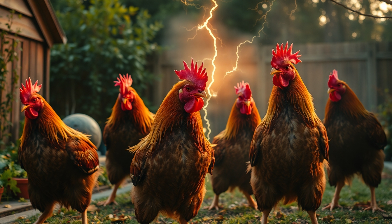 a group of chicken in heavy metal clothes headbanging in the garden
