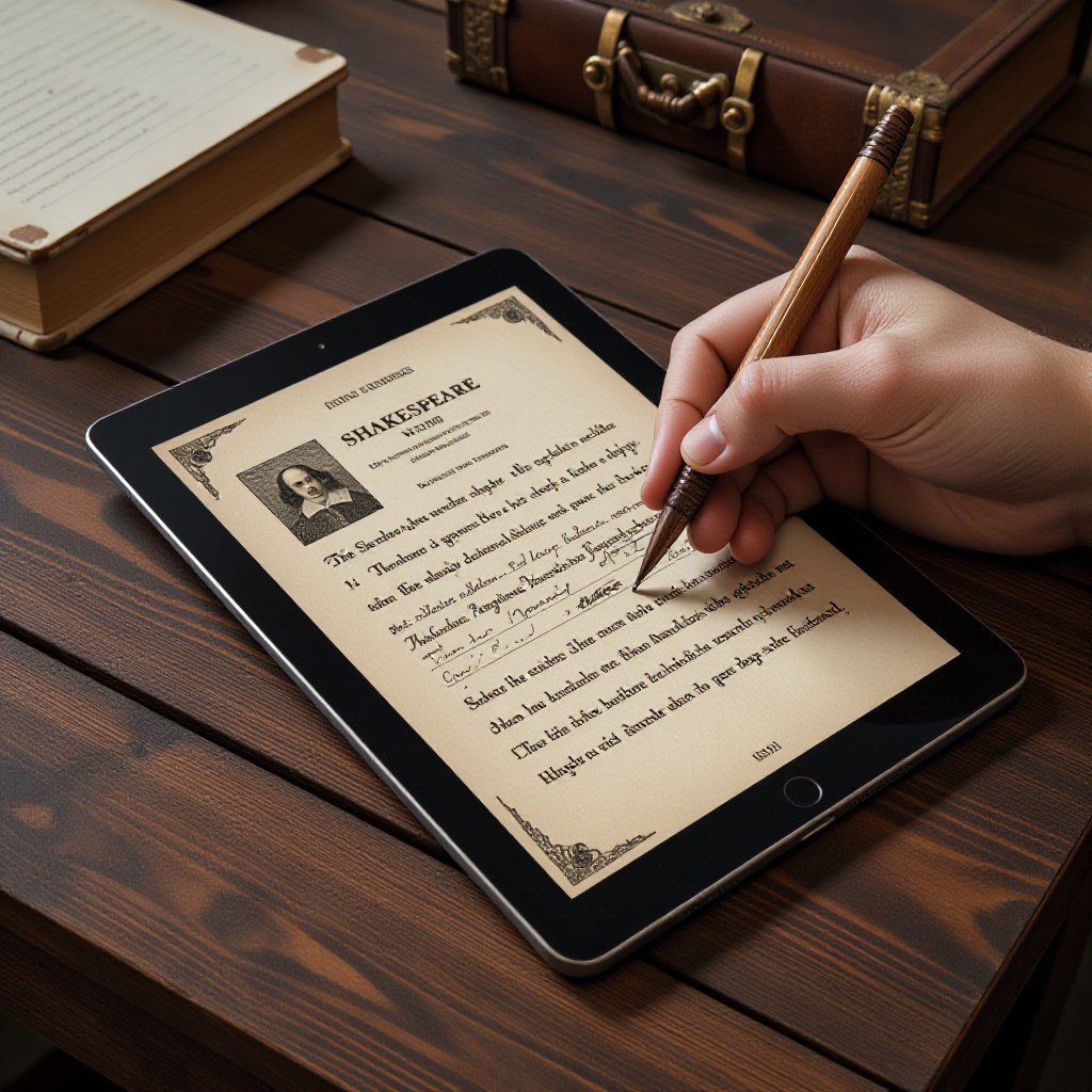 Shakespeare writing on an iPad with a quill pen.