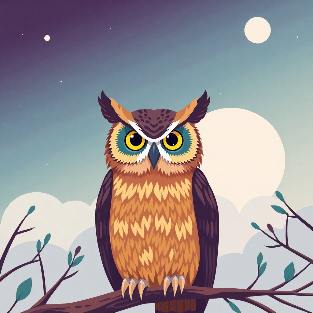 owl , modern flat vector illustration, full scene, editorial style