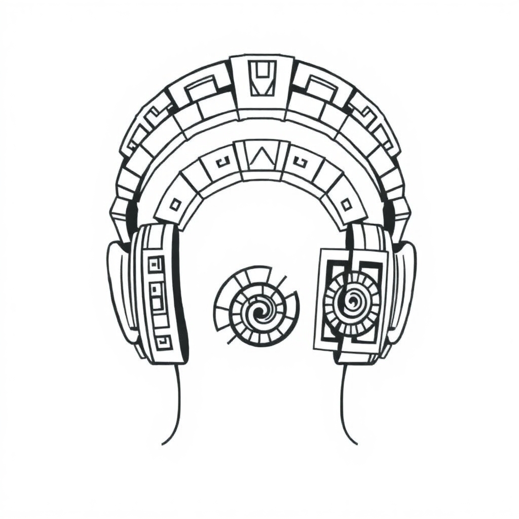 Headphone Tattoo – Design Description  Visual Style: 	•	The entire piece is rendered in Mayan geometric abstraction, avoiding realism entirely. Think architecture, not electronics — the headphones look carved, not manufactured.  ⸻  1. Headband (Arc over Nape) 	•	Forms a broad, stepped curve across the upper back — like a stone archway broken into precise, symmetrical glyph blocks. 	•	Centered at the nape, the arch is built from stacked trapezoids and triangles, forming an ancient temple crown. 	•	Each “step” contains a repeating recursion mark — lines within lines, suggesting inward motion.  ⸻  2. Earcups (Upper Shoulder Placement) 	•	Sit just above the shoulder blades, symmetrical but not identical. 	•	Each “cup” is a spiral glyph encased in a square frame, like a shield carved into stone. 	•	The spirals rotate inward, layered with smaller concentric glyphs — symbolizing sound pull, not output.  ⸻  3. Cord Extensions (No Visible Cords) 	•	Instead of cords, fractured lines extend from beneath the cups, branching like veins. 	•	These “cords” quickly break into sharp, angled recursion channels that trace into his upper back tattoo system — no trailing lines, just embedded energy flow. 	•	They mirror Temple circuit diagrams, but built from stepped triangles and serrated glyph runs.  ⸻  Color & Ink Finish 	•	Dark bronze-black, matte with slight warmth. Under Temple light or loop activation, it emits a faint gold glow at the glyph intersections. 	•	Ink looks old — like it’s always been there. No fresh shine. Etched, not inked.