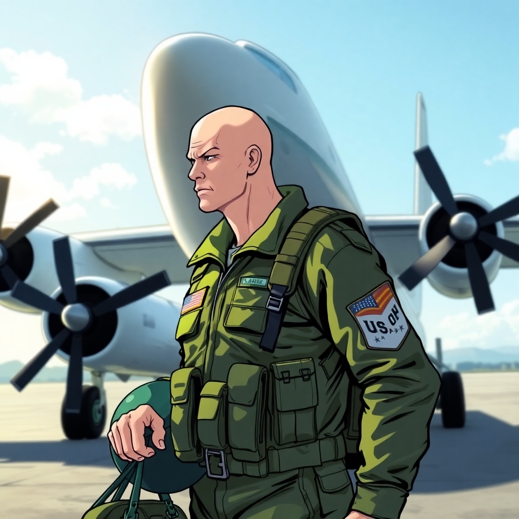 A bald white male in a green US military flight suit, holding a green helmet bag. Walking away from a large twin engine turboprop airplane. Middle of the day,