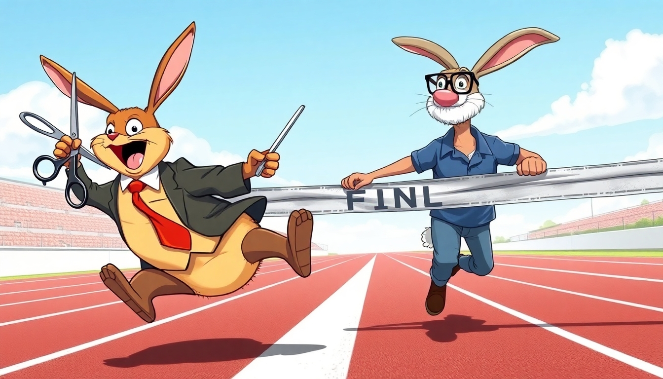 Illustration of the story of the Tortoise and the Hare approaching the finish line. The Hare is wearing a rumple business suit, holding a pair of scissors, and is captured in mid-fall with a fearful expression, far from the finish line. The Tortoise is confidently crossing the finish line, wearing glasses, a thin beard, and a casual polo shirt, looking determined and calm. The background shows a racetrack finish line under a clear sky. The style is vibrant, detailed, and expressive, blending realism with a touch of whimsy.