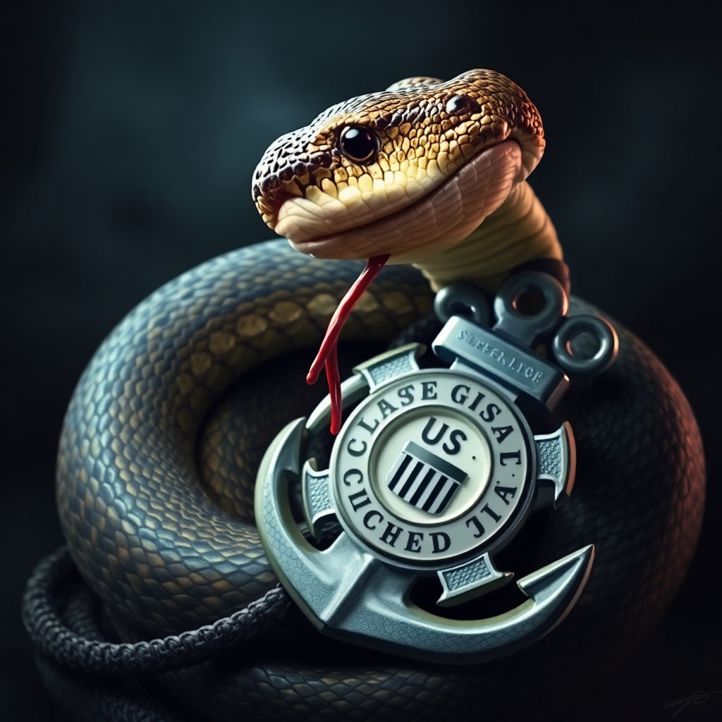 A rattlesnake coiled, ready to strike, looking at you with its mouth open, venom dripping from its fangs, its rattle raised and shaking. A US Coast Guard Chiefs anchor is leaning against the coils of the snake