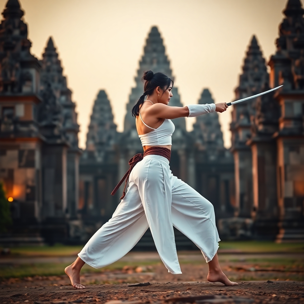 A fierce brazillian duellist woman wearing white shalwar trousers and a white yoga top, facing right, side view to the camera, legs planted in a wide stance, holding a japanese katana sword pointed to the right, in front of a huge stone cambodian-style temple, at dawn