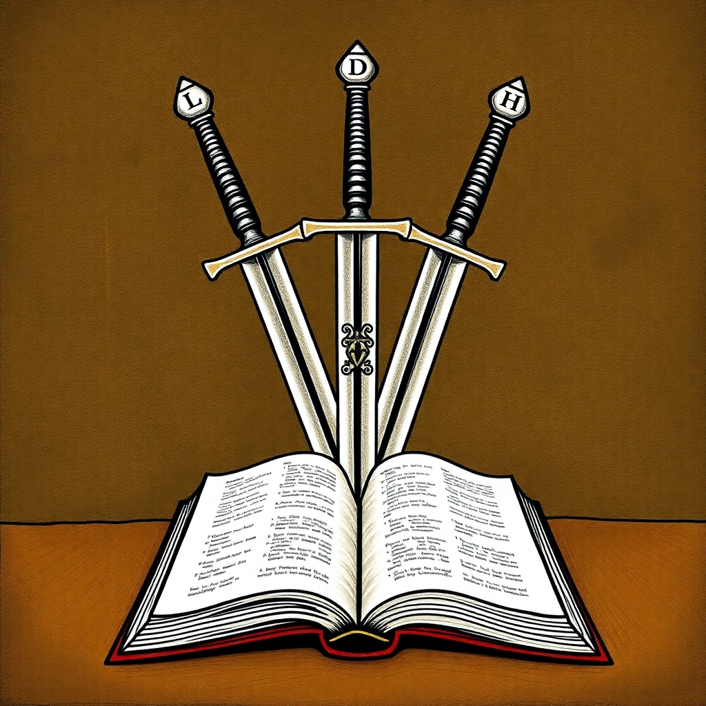 Three swords over an open book drawn a family crest in the style of a medieval fresco painting. Each sword should bear a letter, L, D, H.