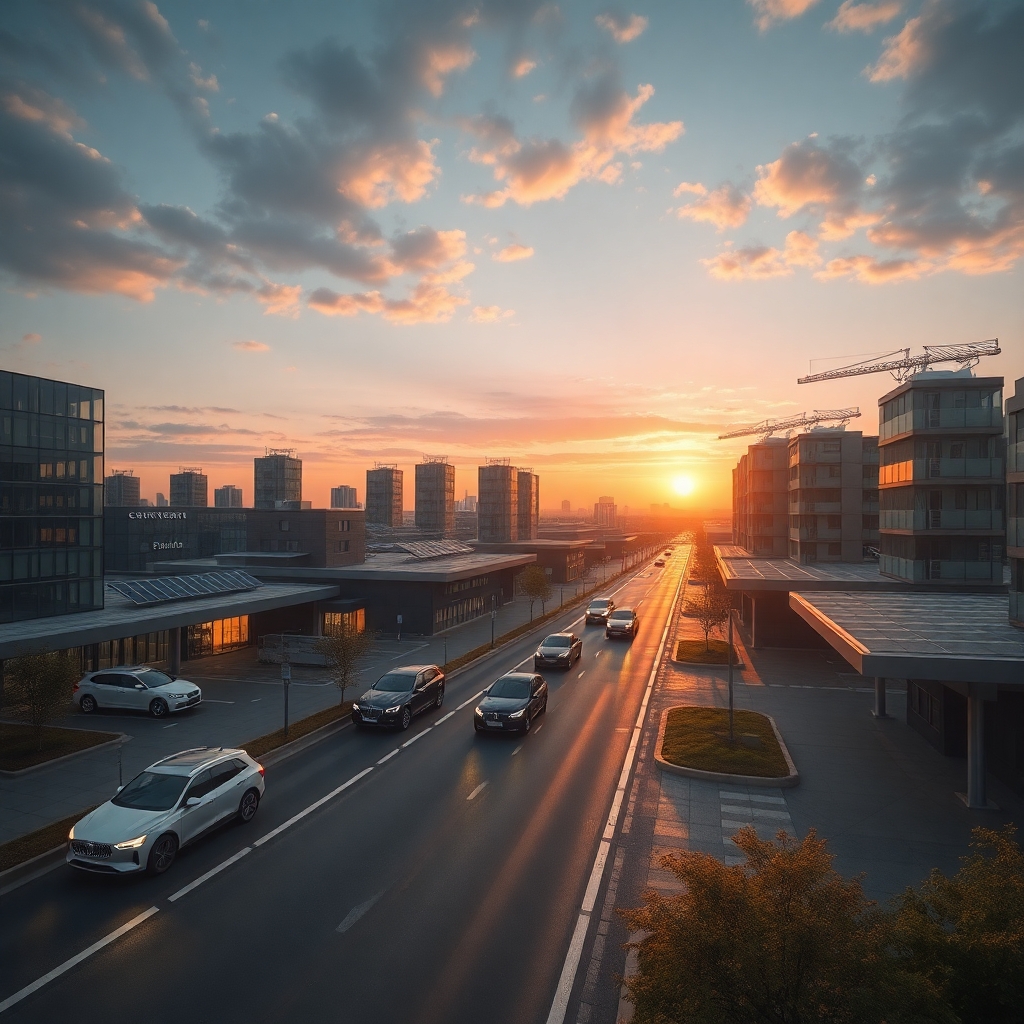 A futuristic German city with autonomous vehicles and solar panels, sunset lighting, photorealistic, wide angle shot, 8k
