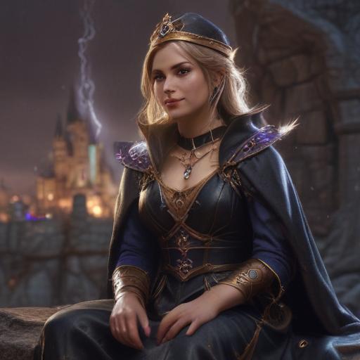 a beautiful and powerful mysterious sorceress, smile, sitting on a rock, lightning magic, hat, detailed leather clothing with gemstones, dress, castle background, digital art, hyperrealistic, fantasy, dark art, artstation, highly detailed, sharp focus, sci-fi, dystopian, iridescent gold, studio lighting