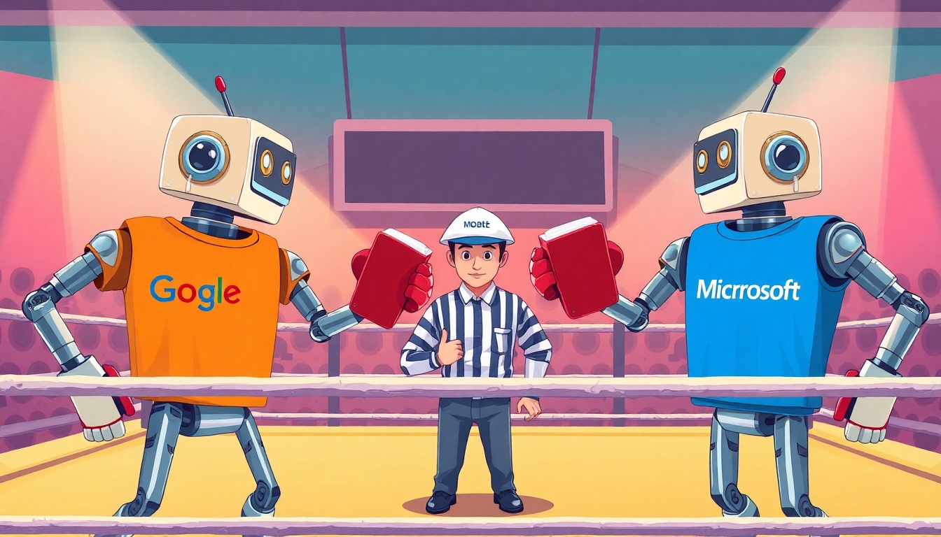Illustrate a dynamic scene of Rockem Sockem robots in a boxing ring. One robot wears a Google t-shirt, the other wears a Microsoft t-shirt. Both robots wield notebook binders as weapons instead of using their fists. A third robot, acting as the referee, wears a Perplexity-branded hat. The setting is vibrant and playful, emphasizing a friendly competition between the two tech giants, with clear branding on the robots and the referee. The style should be engaging and suitable for a professional blog post about AI productivity tools.