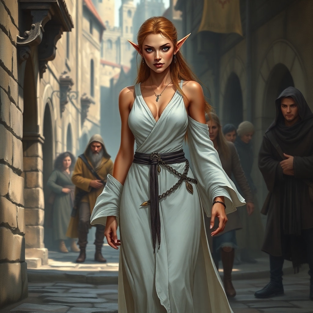 A fantasy art image of an elf woman walking on a street in a medieval human city. She is tall, tanned, with high cheekbones and sharp features, wearing a long white robe.  A few faces sneer at her but she appears defiant and confident
