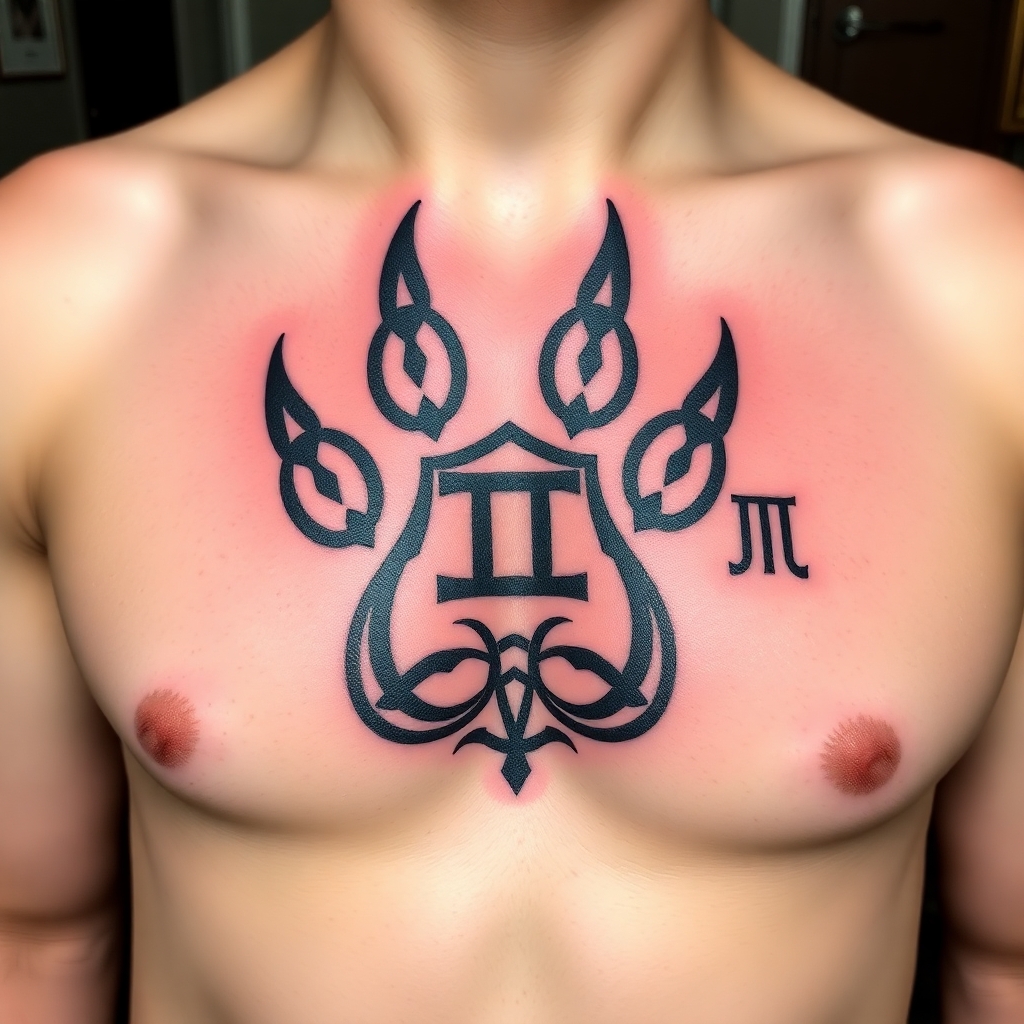 A German Celtic  bear paw tattoo with an alpha symbol on the right front pec  with a Gemini symbol in the center