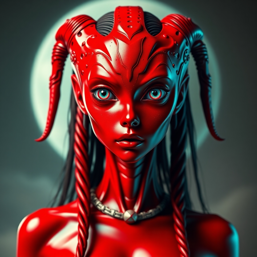 Create an incredibly sexy red alien science fiction space girl with 8 eyes and long pigtails