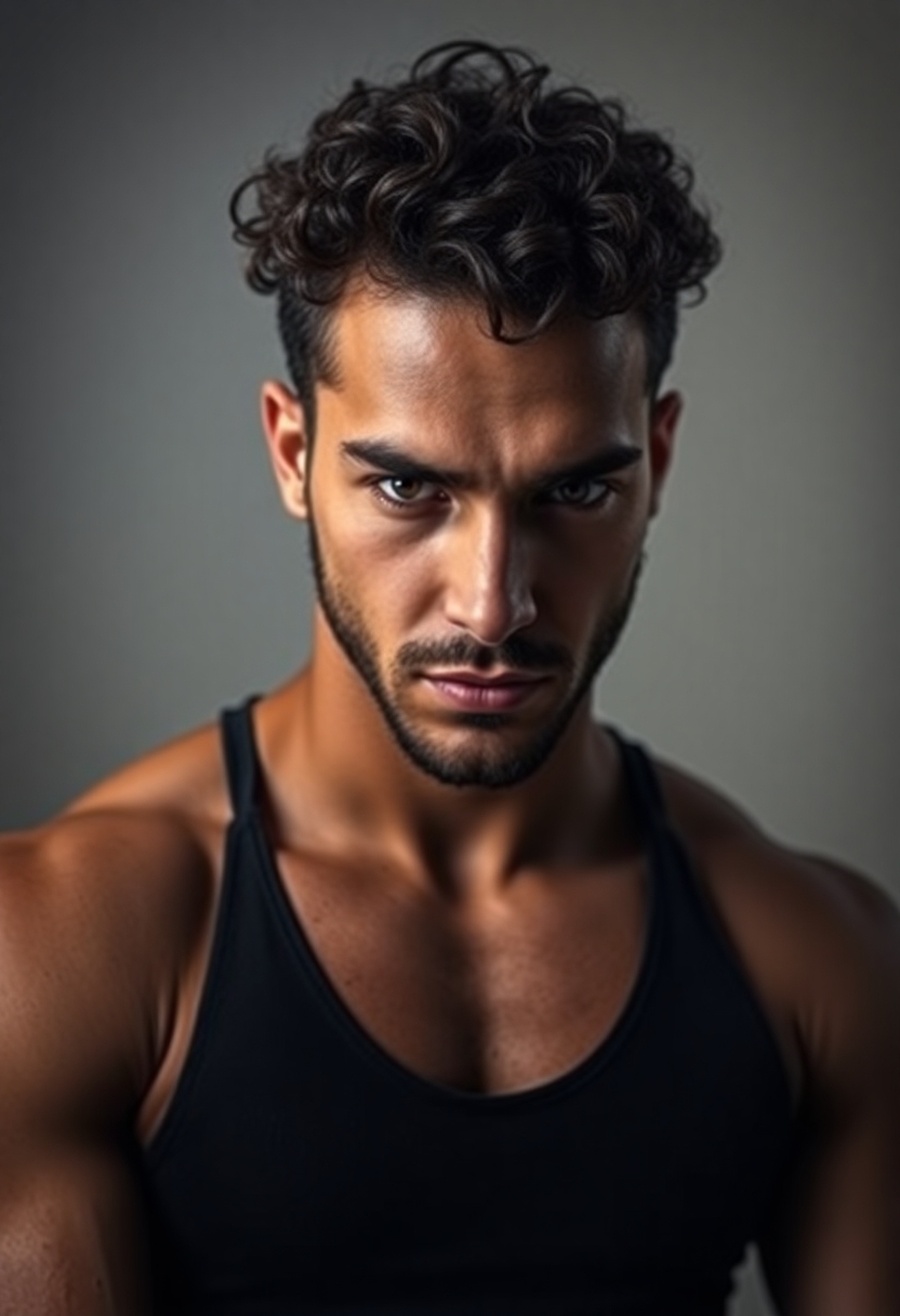 Sexy man with curly hair and short beard. He is in his twenties. he has thick lips. He is toned but not overly muscular. Aggressive look. Arabic features.