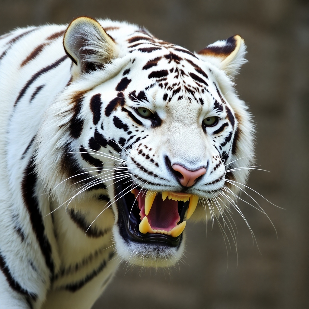 White Tiger with head to the side and mouth open showing teeth