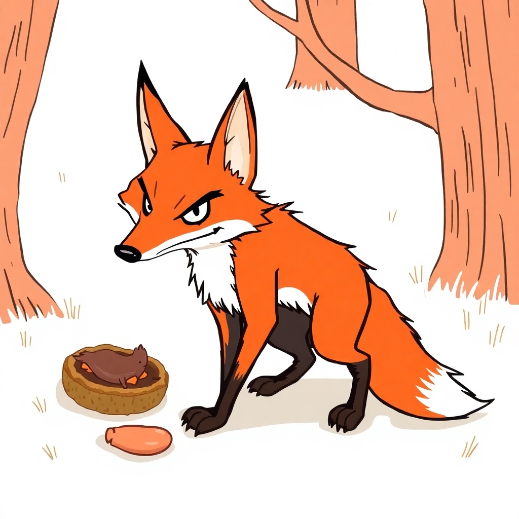 a cartoon drawing for a children's book of a sinister looking Fox who has just cornered his dinner.  a side view of the fox.
