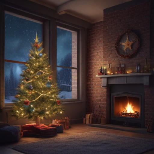 Create a Christmas tree inside of a house at night decorated with various ornaments and a tree star and tinsel next to a fire place (brick). A window on the wall, through it the night sky and a snowy European suburb is seen.
