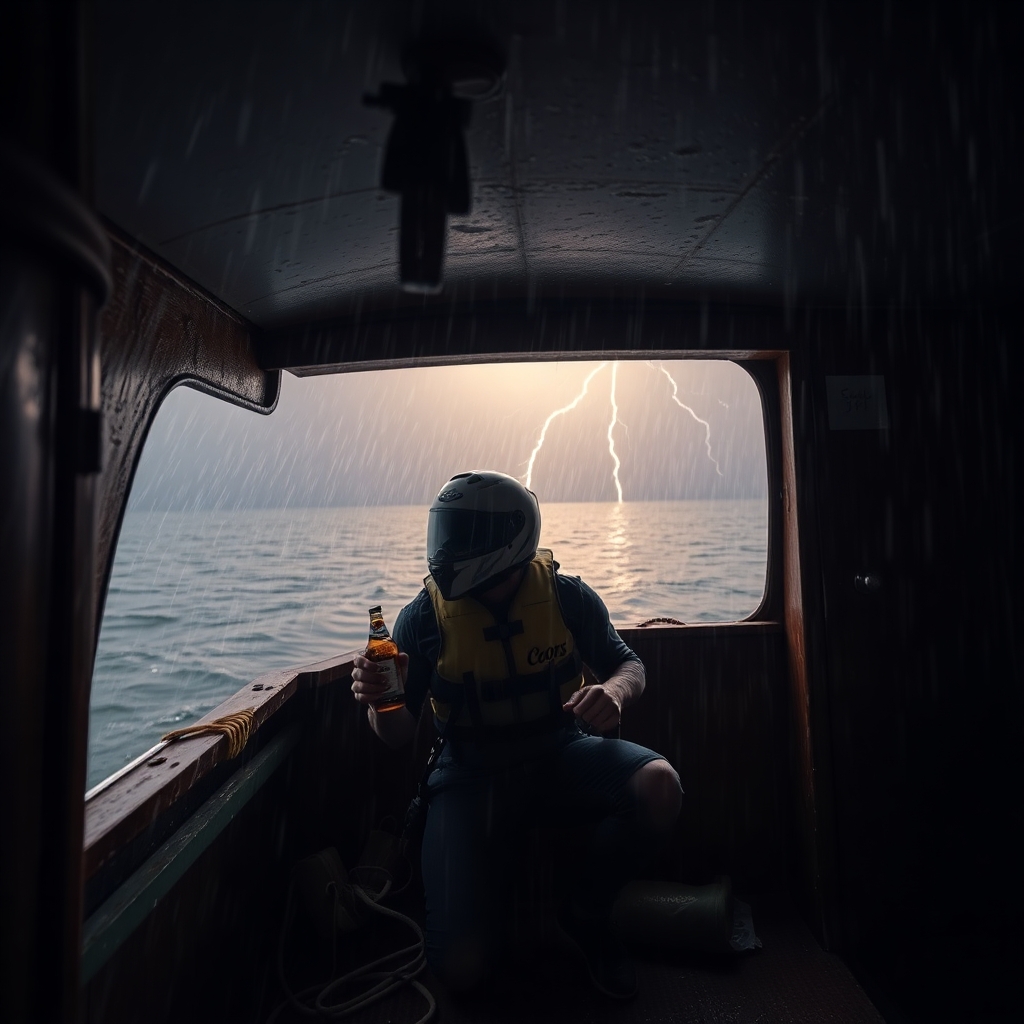 Man taking shelter inside the lower cabin of a docked old houseboat, crouched wearing a motorcycle helmet, life vest and clutching a coors light beer during a severe thunderstorm with torrential rain and strong winds