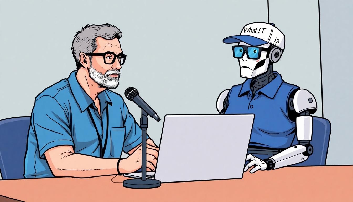 Dr Andrew Huberman sitting a table with a microphone and laptop in front of him. Sitting across the table from him is a robot that is wearing a blue polo shirt, glasses, and a baseball cap with "What IT is" written on it.